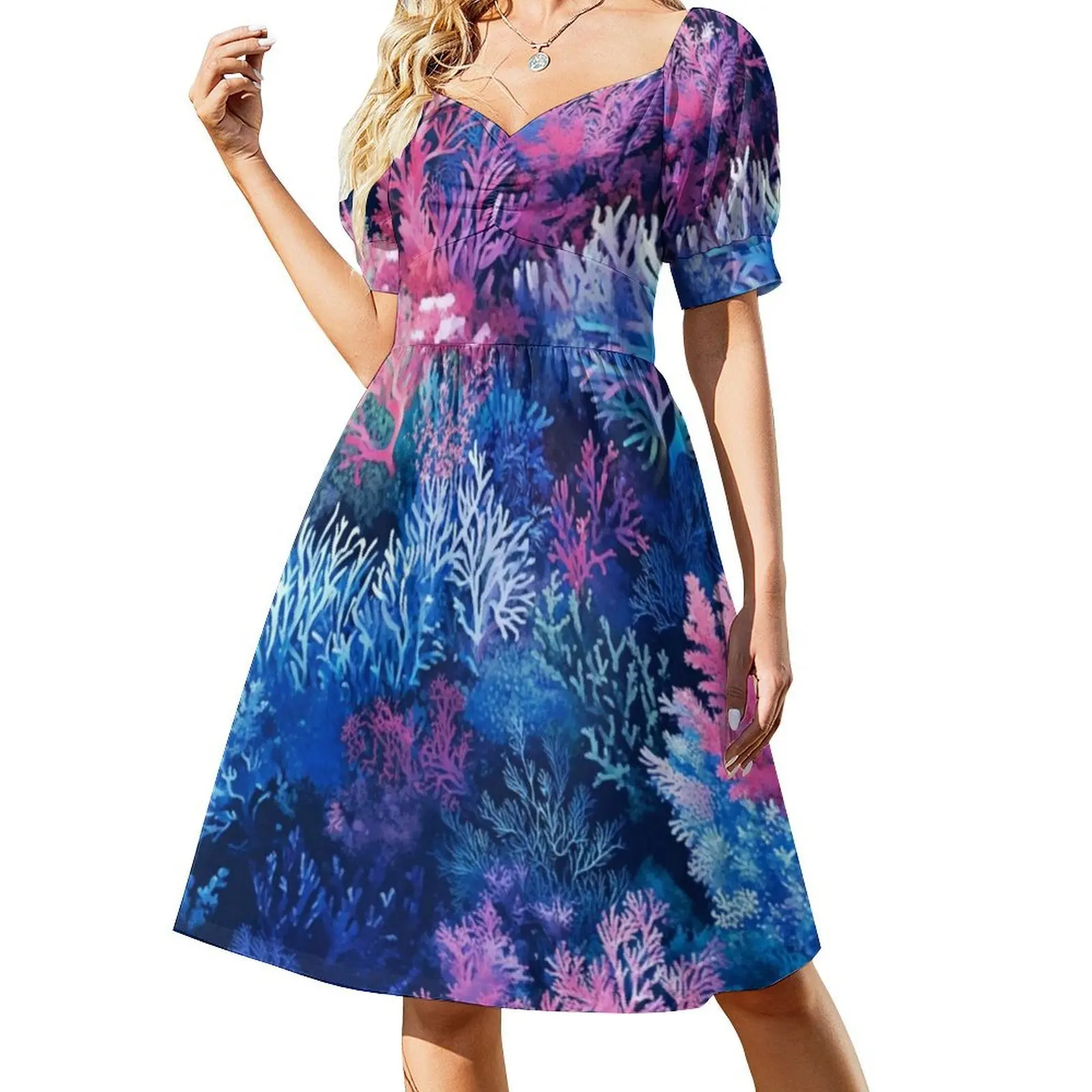 Gaun Pesta Elegan Wanita Pola Terumbu Karang Berwarna-warni 15 Model A-Line Dengan Pilihan Pendek/Panjang/Tanpa Lengan Warna-warni Karang