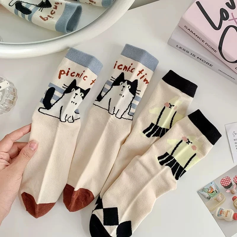 جديد جوارب قطنية الخريف الشتاء لطيف Kawaii Harajuku الشارع الكرتون القط منتصف أنبوب تنفس امتصاص العرق الرياضة طالب جورب