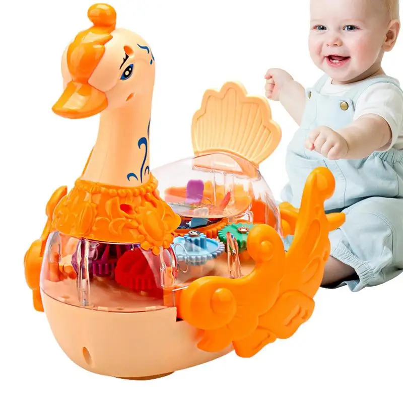 Light Up Transparent Toy Swan Shape Clear Bump And Go Car Toy Music Colorful Moving Gears LED Effects Birthday Gift Toddlers