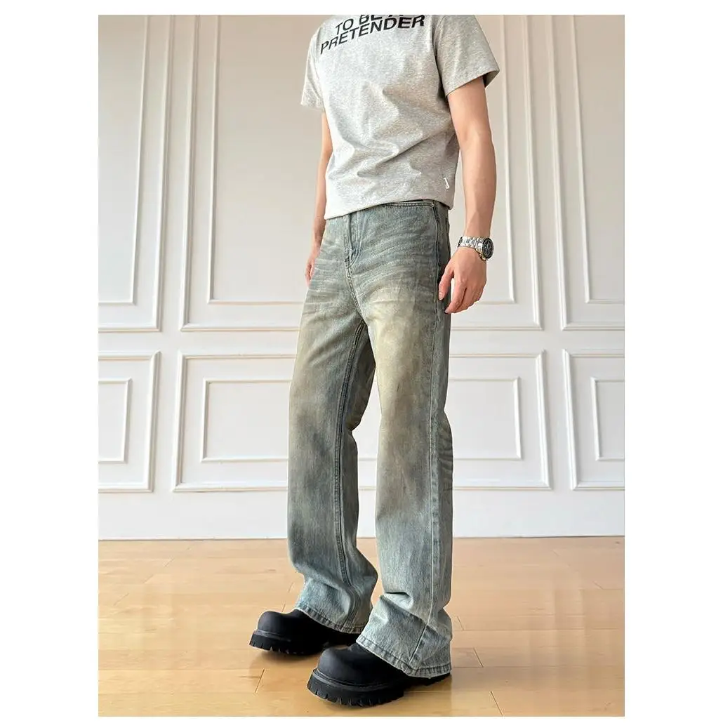 

Retro American Vintage Blue Jeans Men's Women's Spring Autumn Cleanfit Frayed Color Dirty Micro Flare Denim Pants Slim Fit