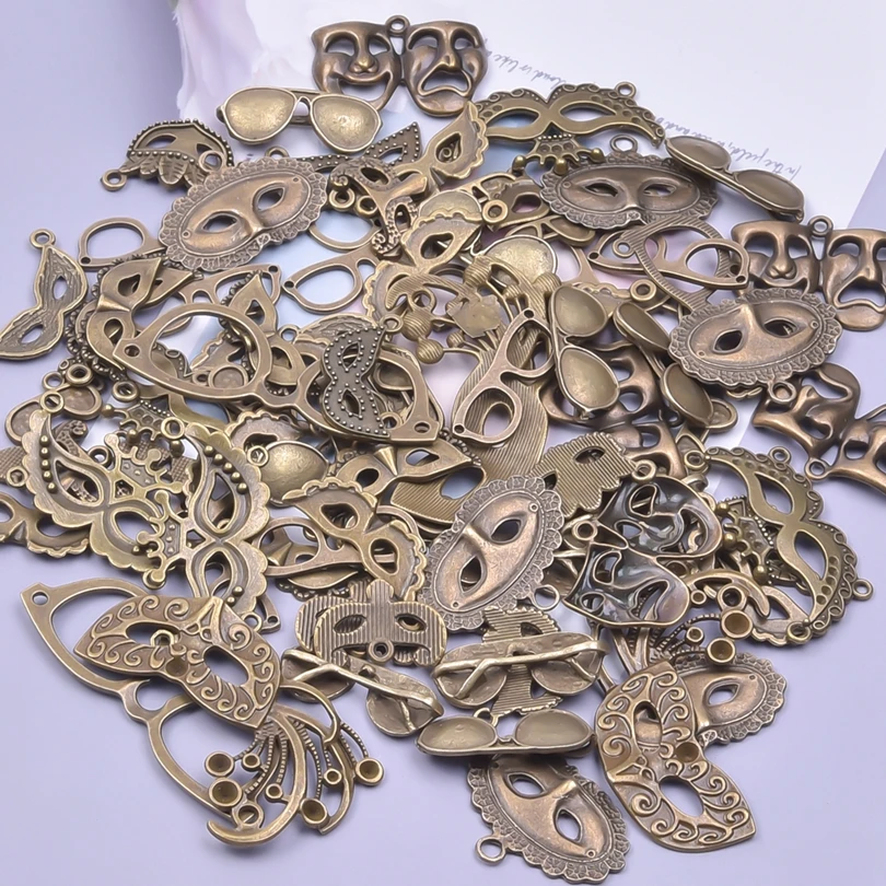 10/20/30/40PCS Mix Mini Party/Prom Mask Charms For Jewelry Making Bronze Color Glasses Sunglass Penadnt DIY Halloween Party Gift