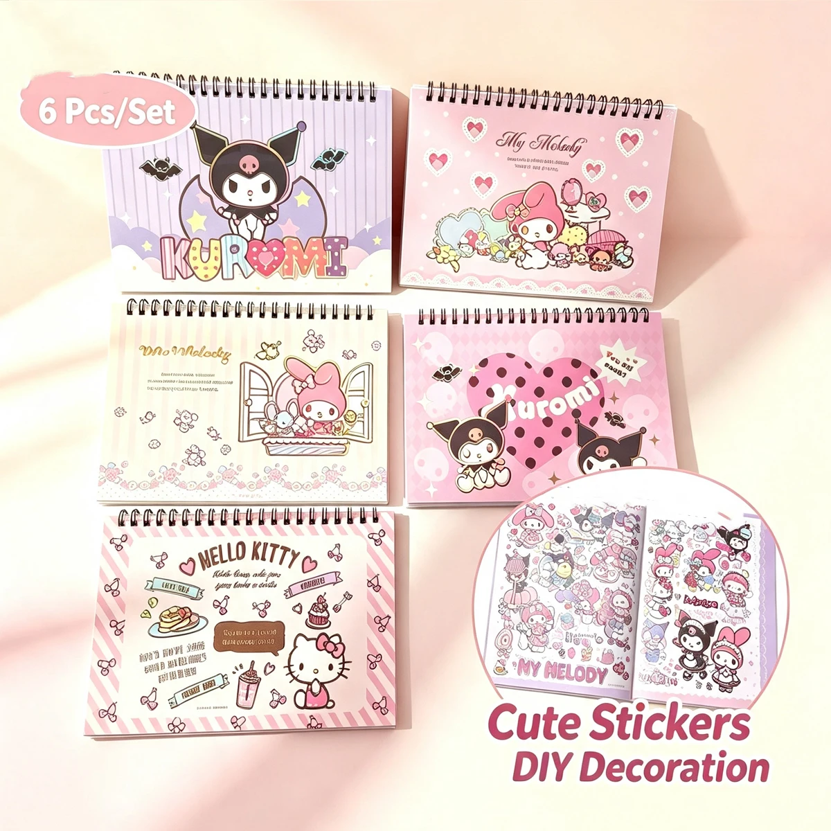 Cute Sanrio Kuromi My Melody Hello Kitty Sticker Book 6Pcs Set Kawaii Waterproof PET Stickers for JournalScrapbooking DIY Decor