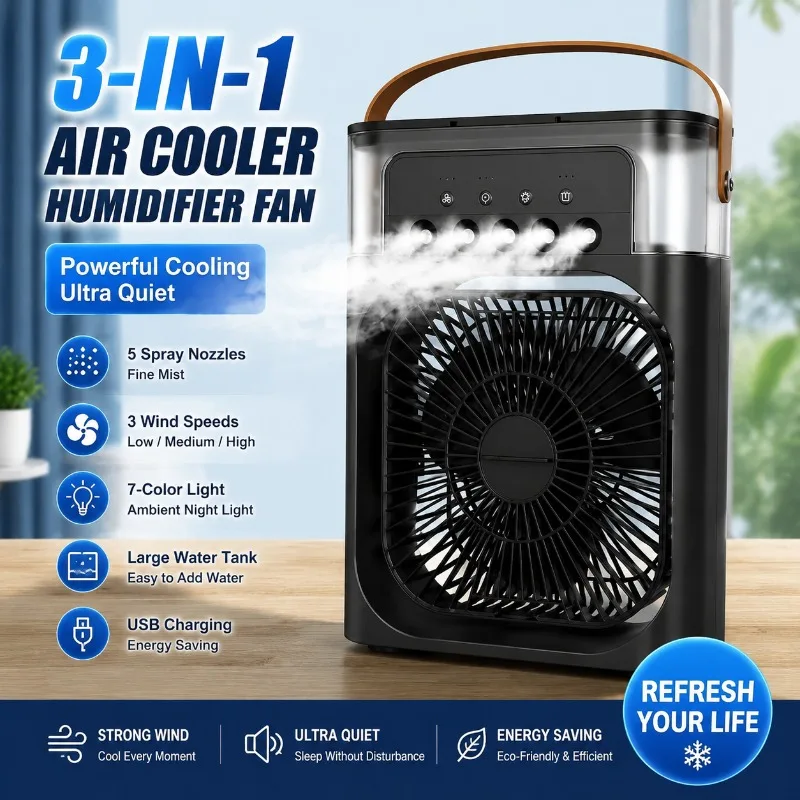1 Unidade de Mini Ar Condicionado Portátil, Umidificador USB, Ventilador de Mesa Silencioso com 5 Bicos de Névoa e Luz de 7 Cores para Casa, Escritório e Quarto no Verão