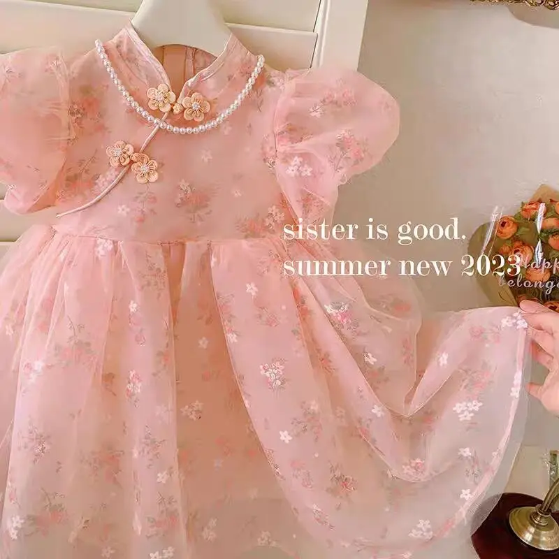 Vestido de manga curta para meninas, novo vestido floral rosa infantil da moda, estilo chinês, cheongsam, vestido inchado