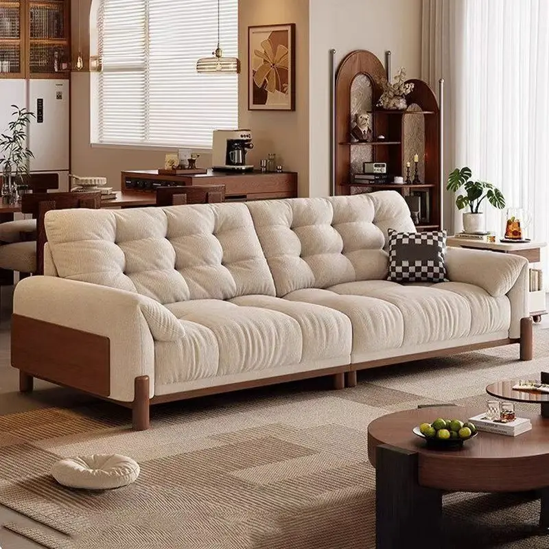 Sofa living room simple small apartment sofa solid wood fabric cloud retro straight row
