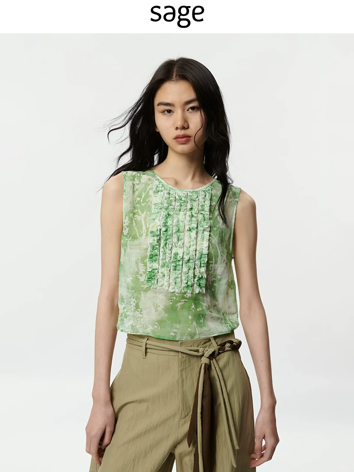 

Sagestudio Oxygen een ort Sve round Ne Top with Pleats Commuter Sle Printed Cotton Linen Fabric Women's irt