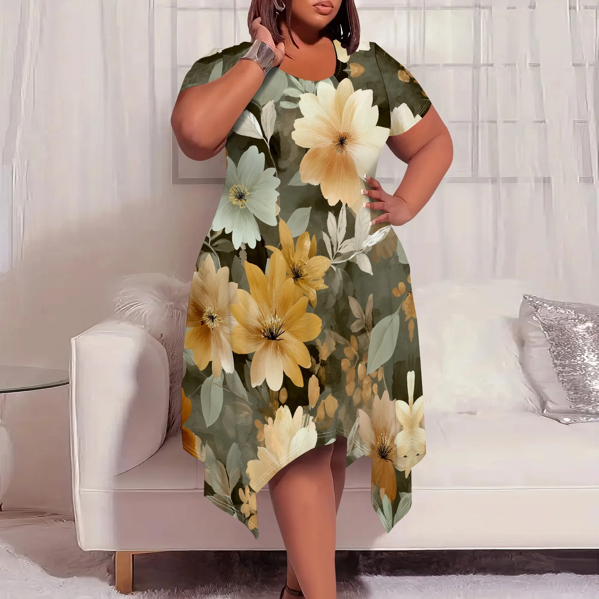 

Plus Size Floral Print Dress for Women XL-6XL 2025 Casual Short Sleeve Asymmetric Hem Loose Fit Fall Garden Look
