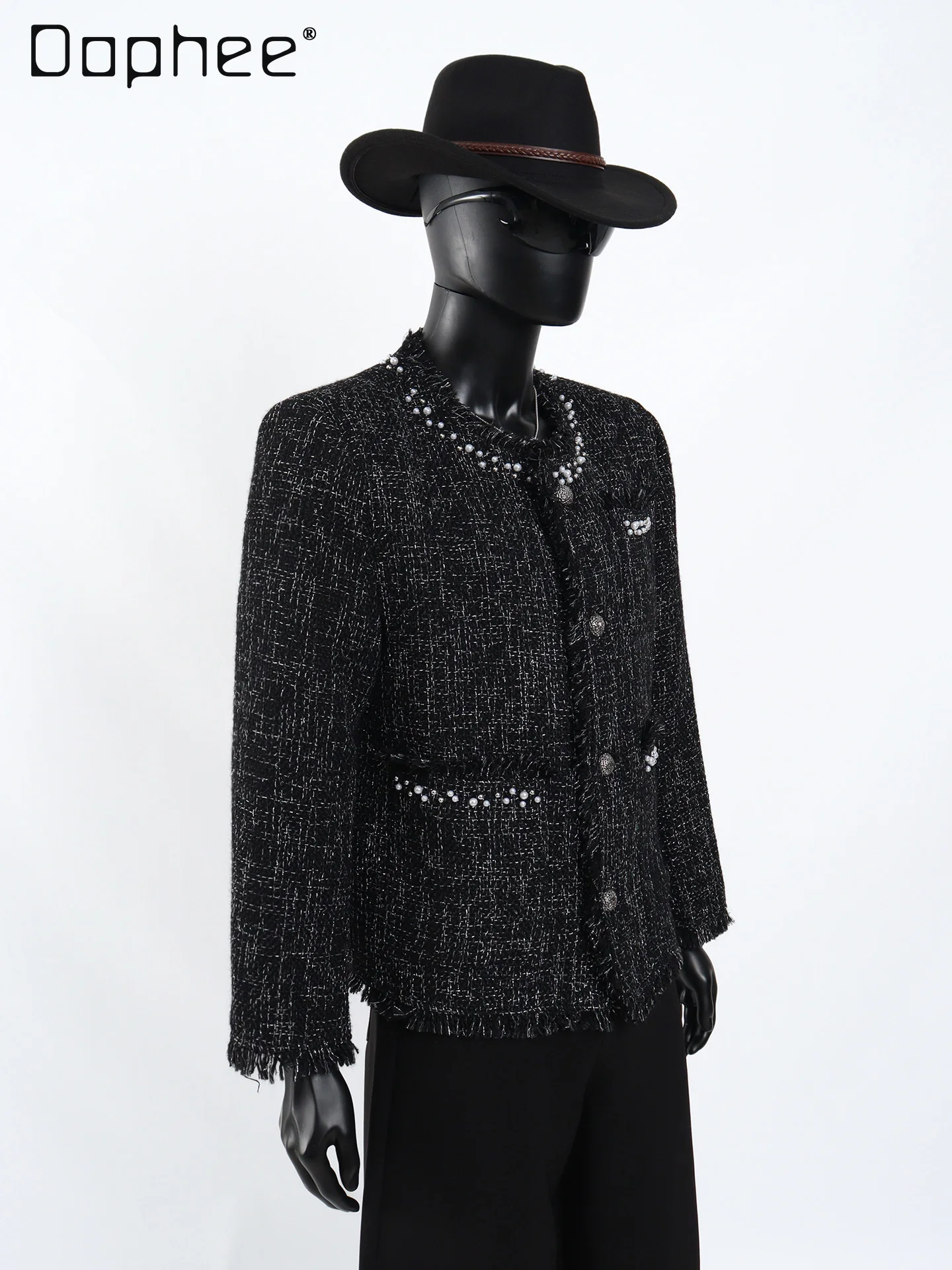 Deconstructed Woven Elegant Tweed Jacket for Men High-End Luxury Beaded Round Neck Single-Breasted Long Sleeve Loose Trendy Top