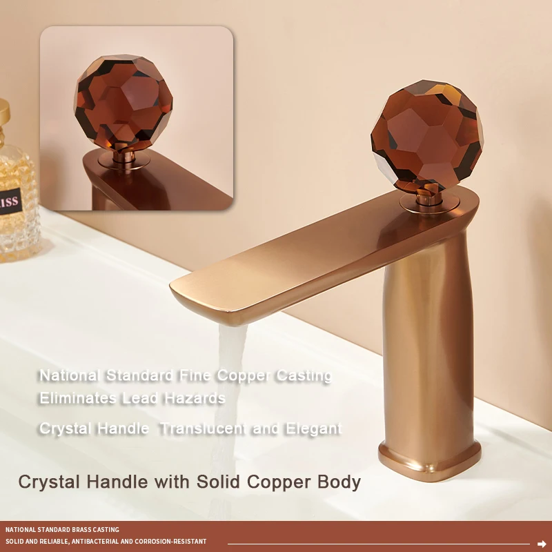 Brass Modern Single Handle Bathroom Vessel Faucet Crystal Design Deck Mount Hot/Cold Mixer Tap for Countertop Wash Basin