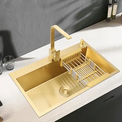 Gold kitchens sink Nano Handmade  304 Stainless Steel Single Golden sinks Bowel Basin cuba cozinha fregaderos de cocina