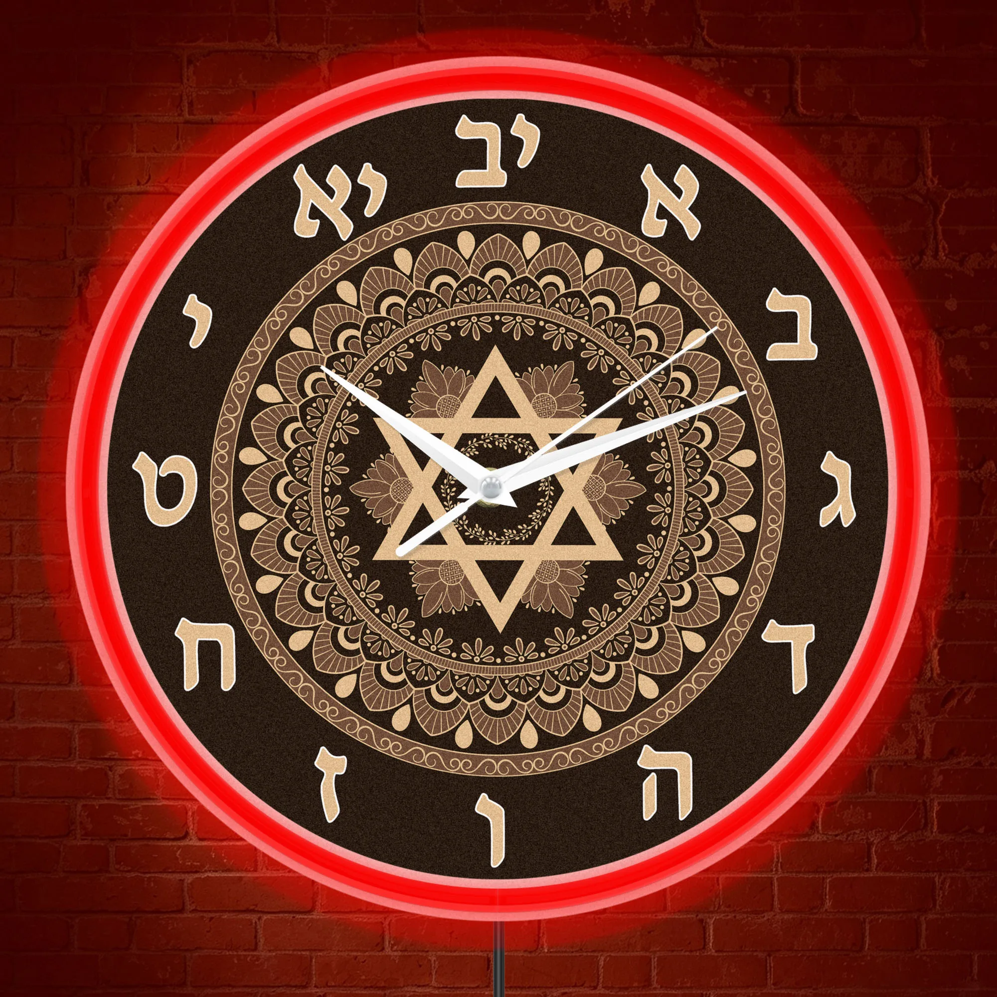 Star of David Mandala Hebrew Alphabet Neon Wall Clock Jewish Home Decor Six Pointed Star LED Glowing Edge Light Up Wall Clock