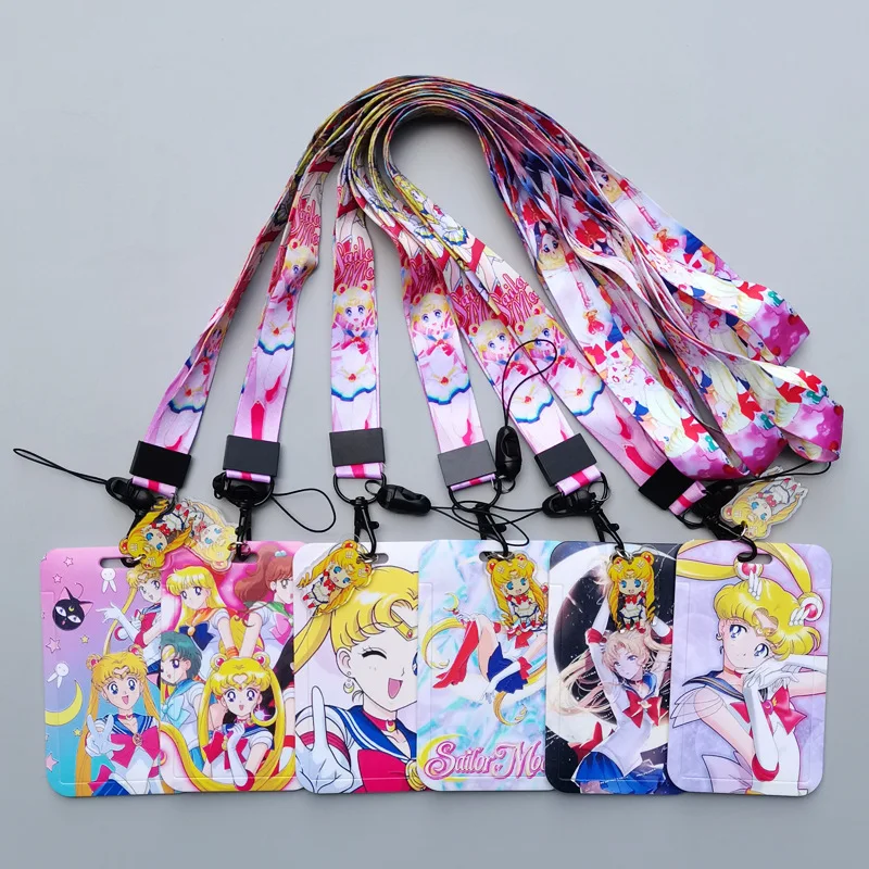 Funda de tarjeta de PVC Kawaii de Sailor Moon de dibujos animados, bolsa colgante para el cuello para estudiantes, tarjetero, cordón, tarjeteros de identificación, llavero