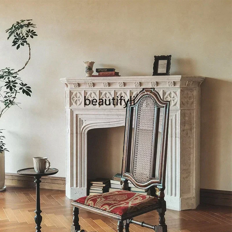 60.Marble fireplace French light luxury decoration living room flame European stone fireplace white stone carving mantel
