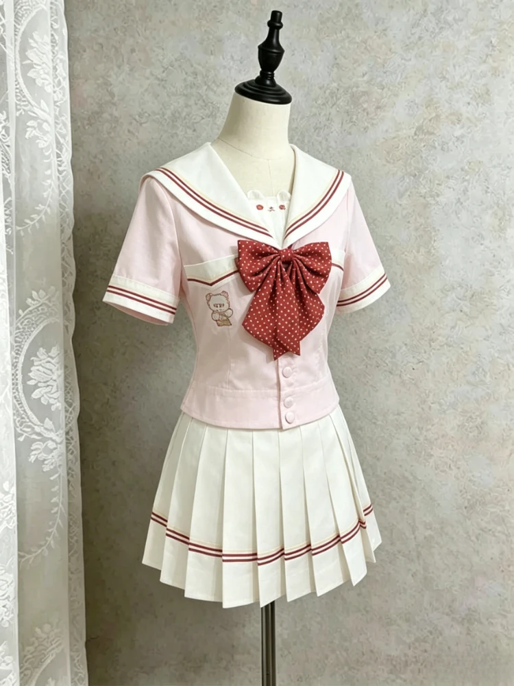 

Women Japanese Sweet Kawaii Sailor Collar Sleeve Sets Polka Dot Embroidery Pleated Skirt Suits Cute Lolita Y2k Daily Campus Wear