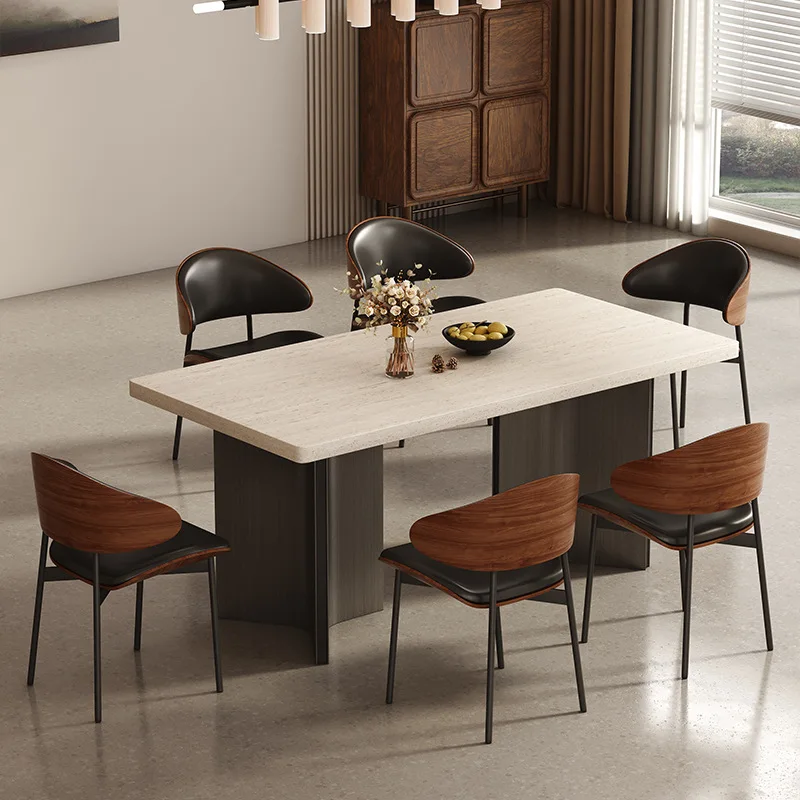 Italian simple modern retro style rectangular bottom hanging travertine dining table rock slab dining table and chair combinatio