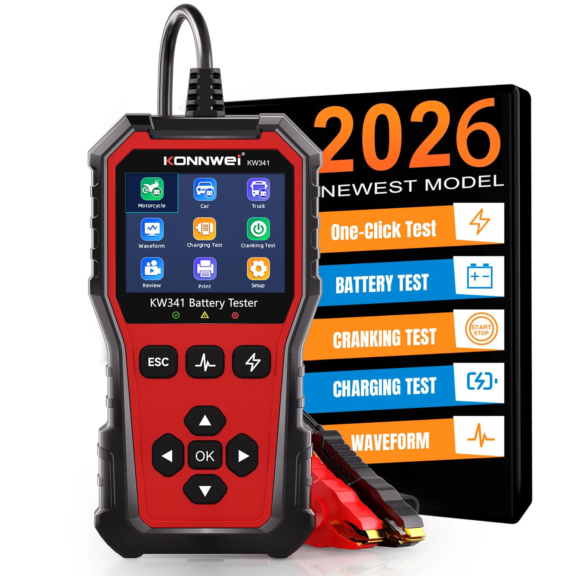

KONNWEI KW341 Car Moto Truck Battery Tester 6V12V 24V Fault Data Printing Start Voltage Test Car Battery Charging Scan Tool 2026