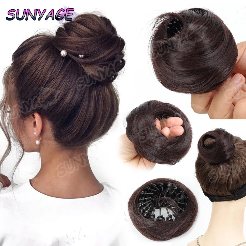 

4Inch Magic Synthetic Hair Bun With Circle Elastic Clips Straight Donut Updo Hair Wig Bird's Nest Shaped Retractable Hairpieces