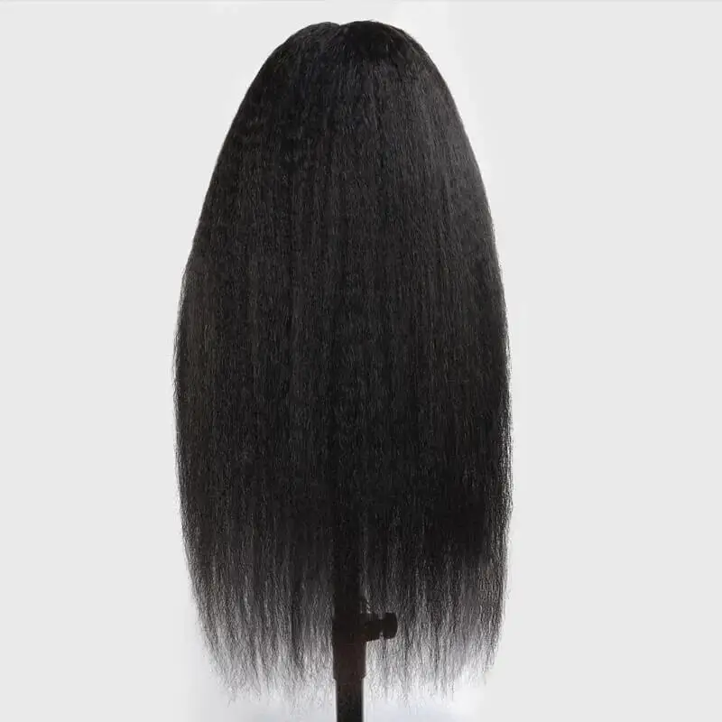 Peluca Yaki rizada con malla frontal para mujer, pelo de bebé, color negro Natural, 180de densidad, 26 pulgadas, suave y sin pegamento, predesplumada, resistente al calor