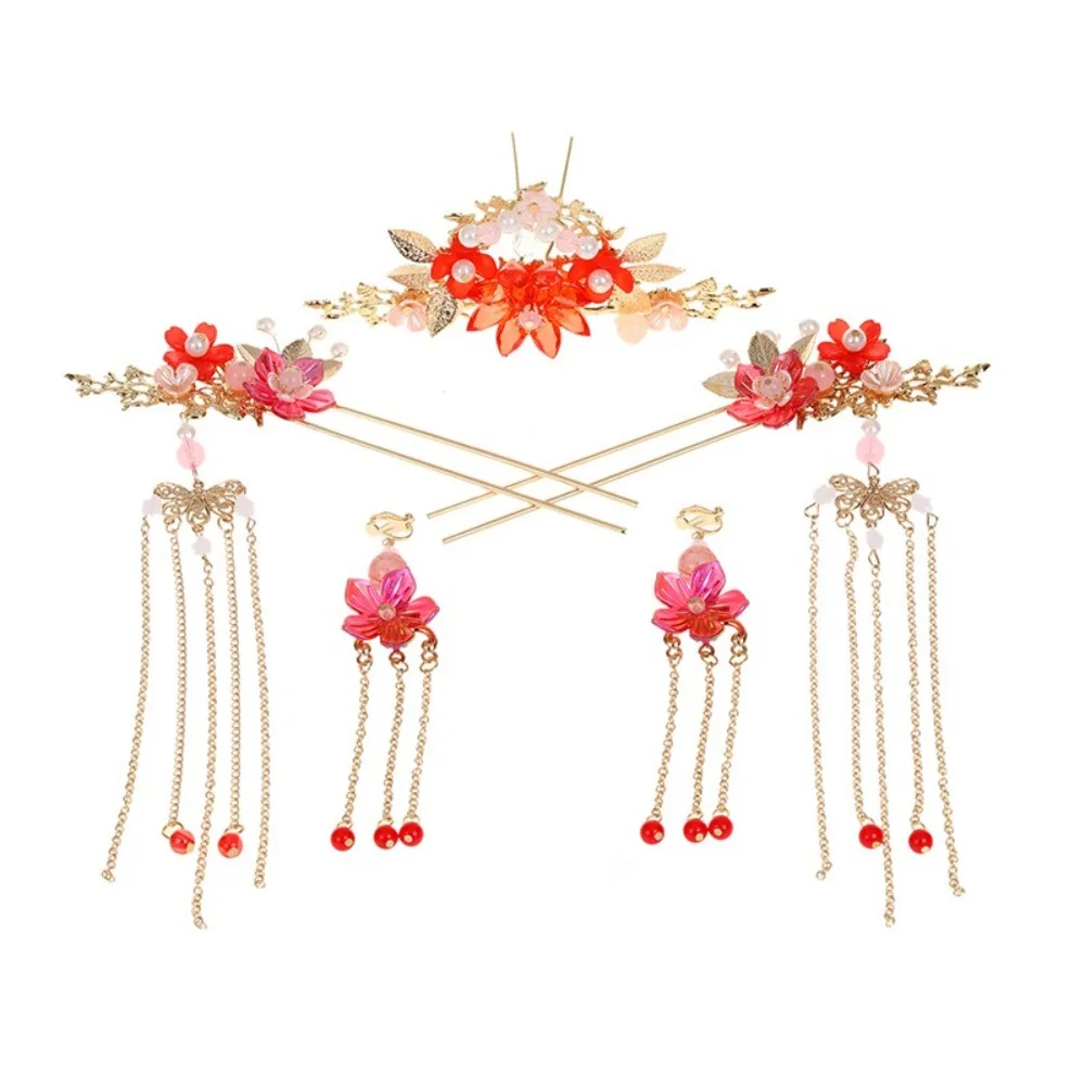 Vintage Flower Bridal Headwear Tassel Plastic Wedding Hair Sticks Dangling Ornament U-Shape Earrings Hairpin Set Girl