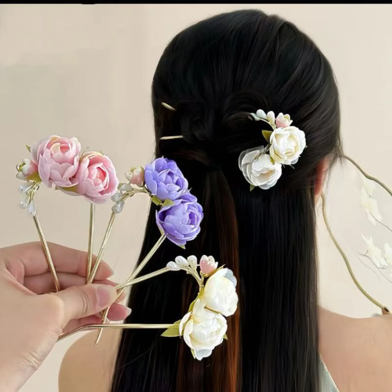 Chinese Traditional Peony Hair Fork Elegant Floral Pearl Hair Stick Retro Hanfu Hairpin for Ladies Headwear