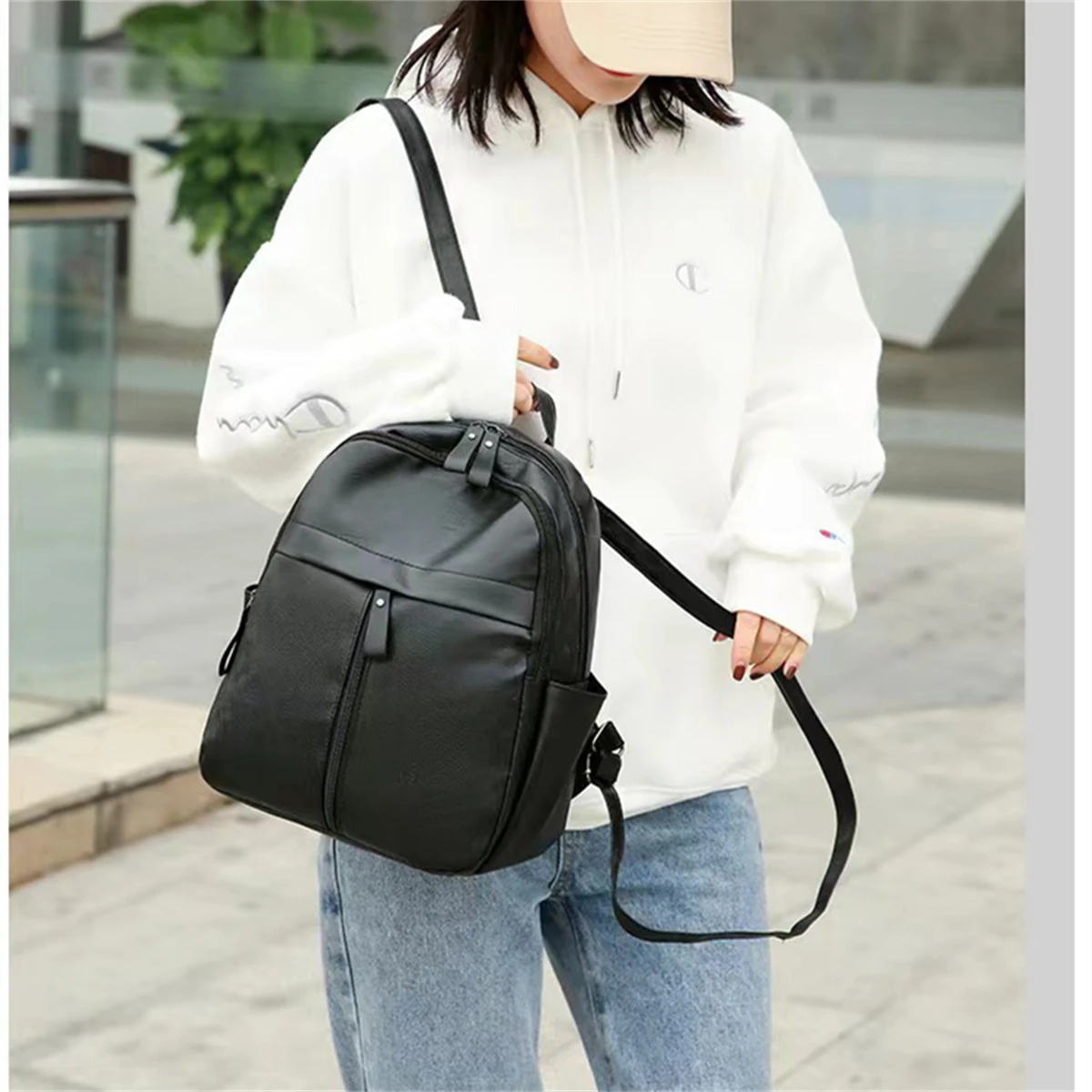 Backpack Korean Fashion PU Soft Leather Trendy Bag Simple Black Casual Backpack Women\'s Single Shoulder Cross Shoulder Bag-LJX