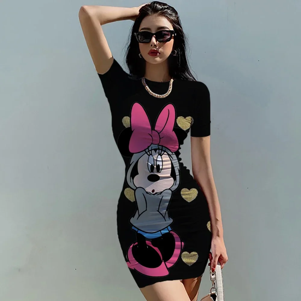 2023 New Disney Mickey Mouse Print Dress Women Summer O Neck Tight Skirt Ladies Casual Dress Fashion Cartoon Age Reducing Dress