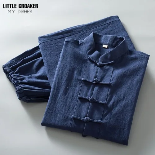 Imagen 2 del producto Traje Tang tradicional chino para hombre, traje de manga larga de lino y algodón, uniforme informal de Kung Fu Tai Chi, chaqueta y pantalones Wing Chun