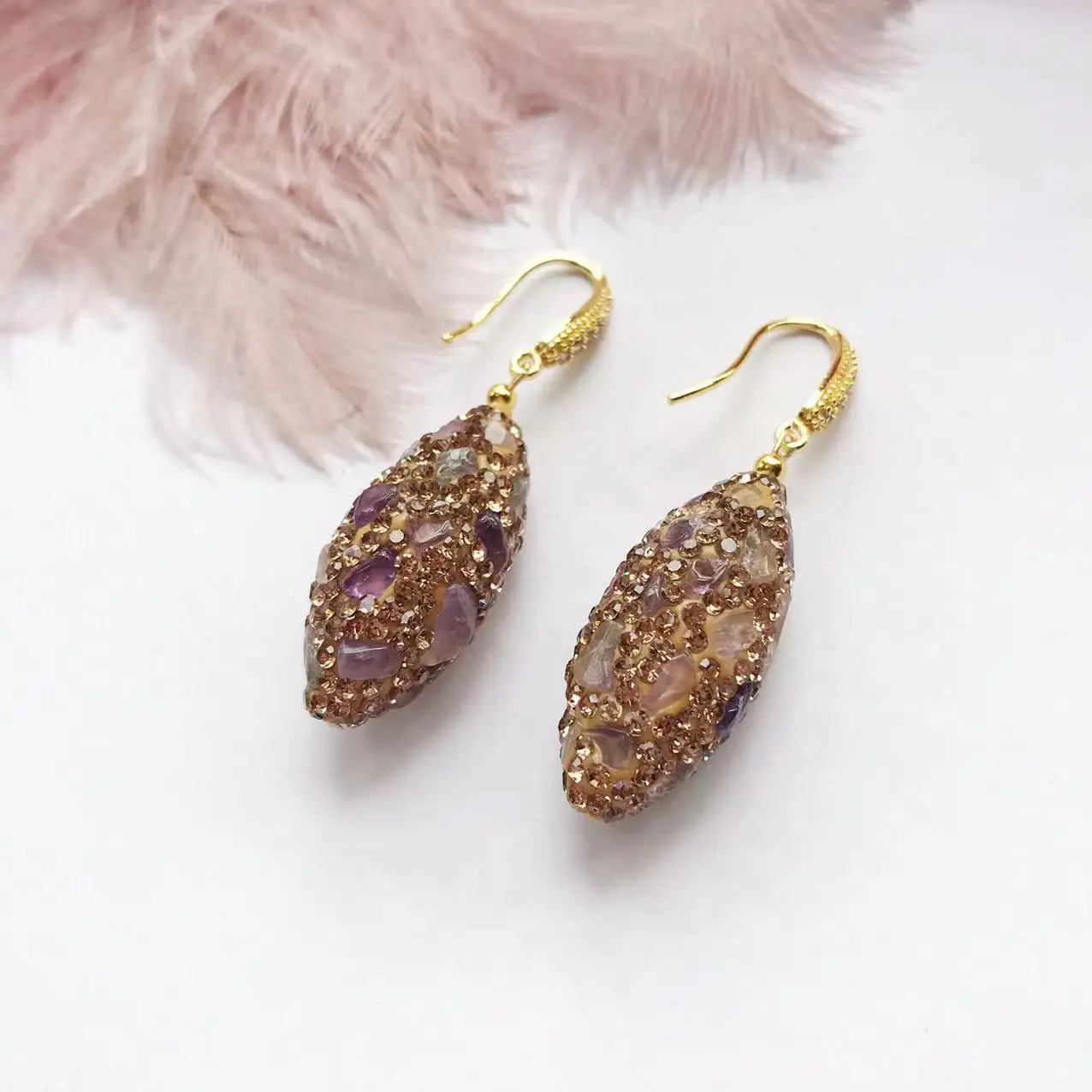 Cross-border exclusive purple olive handmade tourmaline Czech diamond earrings, stud earrings, ear hooks S925 silver needles, no