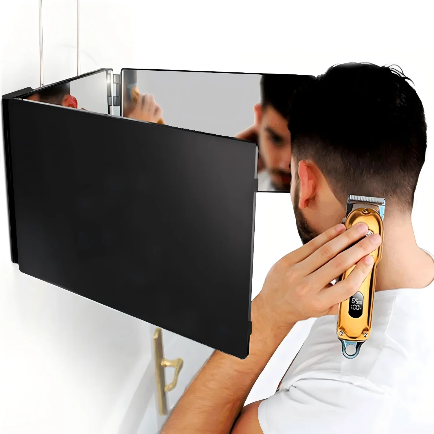 Tyrixma 3 Way Mirror for Hair Cutting,360 Trifold Mirror with Height Adjustable Telescoping Hooks,and 5X Magnification,for Makeup, Hair Styling.