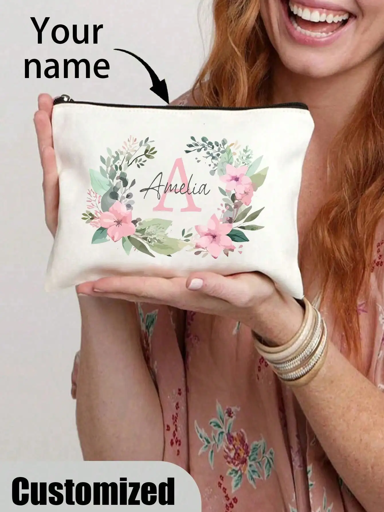 

Косметичка с индивидуальным акварельным цветочным монограммным принтом - Персонализированная косметичка для женщин