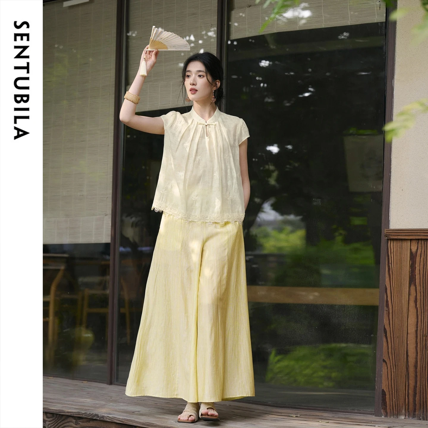 

SENTUBILA Women's 2 Piece Set Jacquard Embroidery Lace Patchwork Chiffon Blouse Wide Leg Pants Fashion Elegant Outfit 162ZJ5807Z