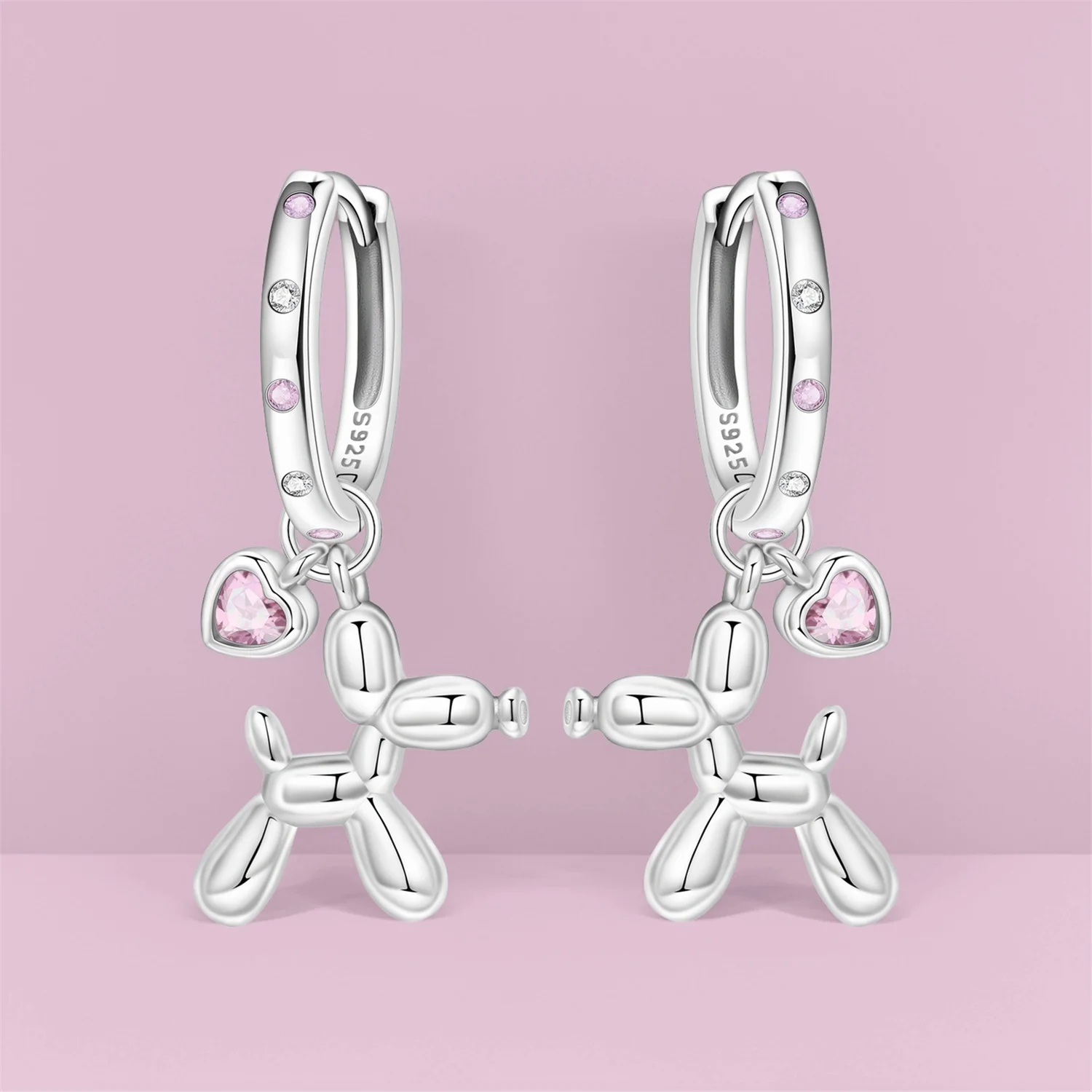 PANPOKI 925 Sterling Silver Pink Heart Balloon Dog Drop Earrings Women Earrings Birthday Party Fashion Jewelry Original Gifts