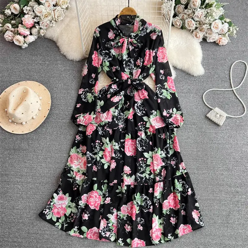 Elegant And Beautiful Women's Dress 2024 Spring Autumn Korean Full Sleeve Bow Tie Up Waist Slim A-Line Printed Long Dress Z3574