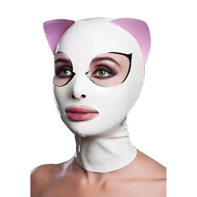

Sexy Cosplay Cat Ears Women Men Latex Fetish Hood Mask Catsuit with Back Zipper Headpiece Handmade S-LM271