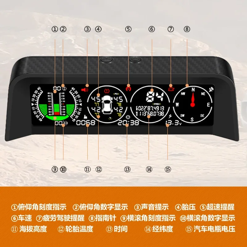 Vehicle mounted universal HUD head up speed altitude meter compass off-road slope tire pressure monitoring