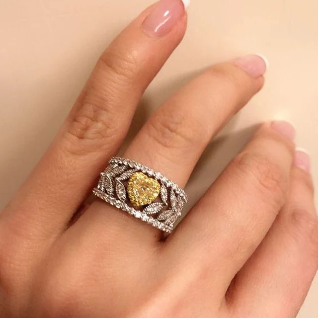 Huitan Heart żółte pierścionki z cyrkoniami dla kobiet wieczność miłość akcesoria ślubne Bling Bling CZ kobiece pierścionki Party biżuteria