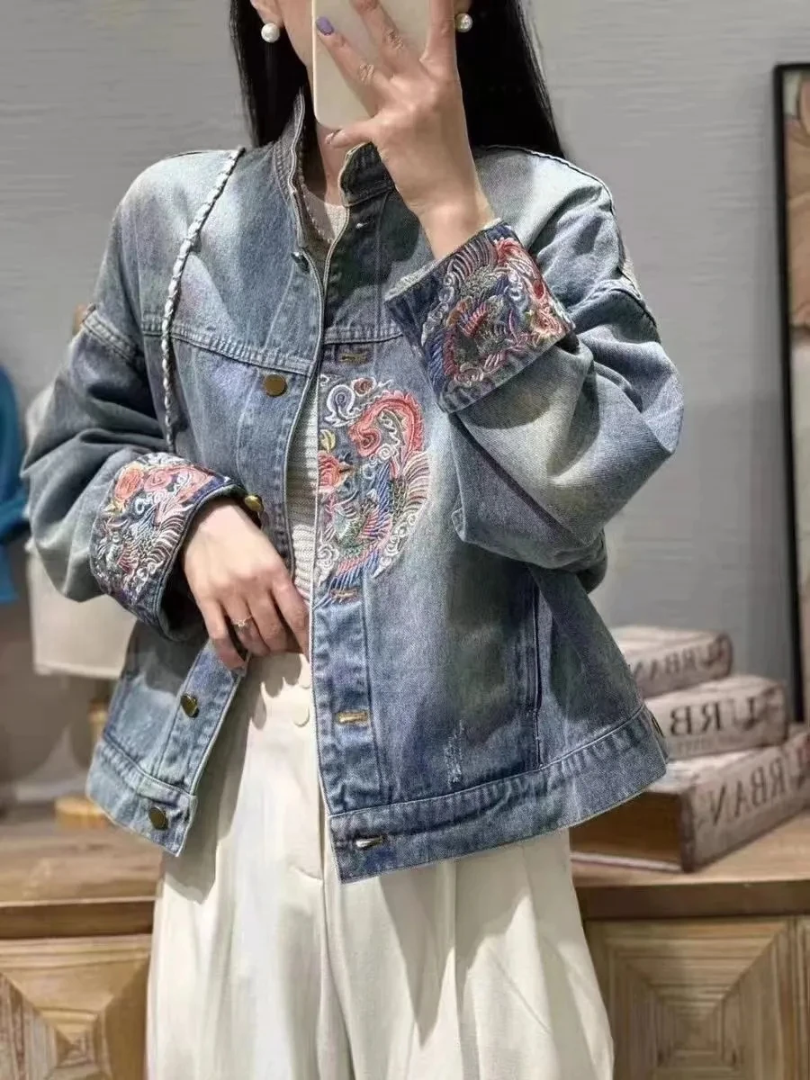 Spring Autumn Denim Coat blue Chinese Retro National Style Embroidery Denim Jacket 2025 New Women Jacket Fashion Loose Coat