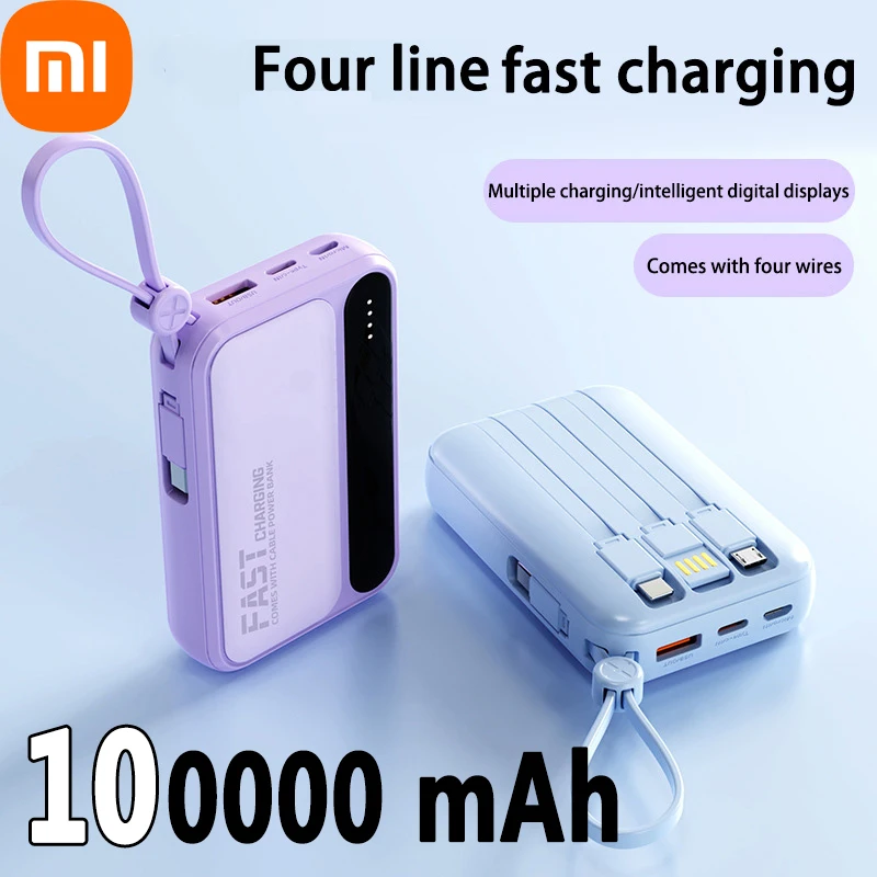 Xiaomi 100000 mAh Power Bank большой емкости Портативный блок питания для быстрой зарядки со встроенной 4-кабельной батареей для IPhone Samsung