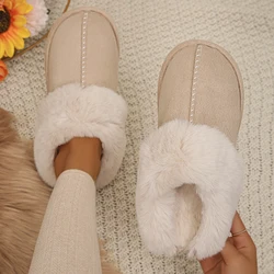 Lucyever Winter Home Fur Slippers Women 2023, New Couples Flat Heels House Cotton Shoes Woman Faux Suede Keep Warm Plush Slides