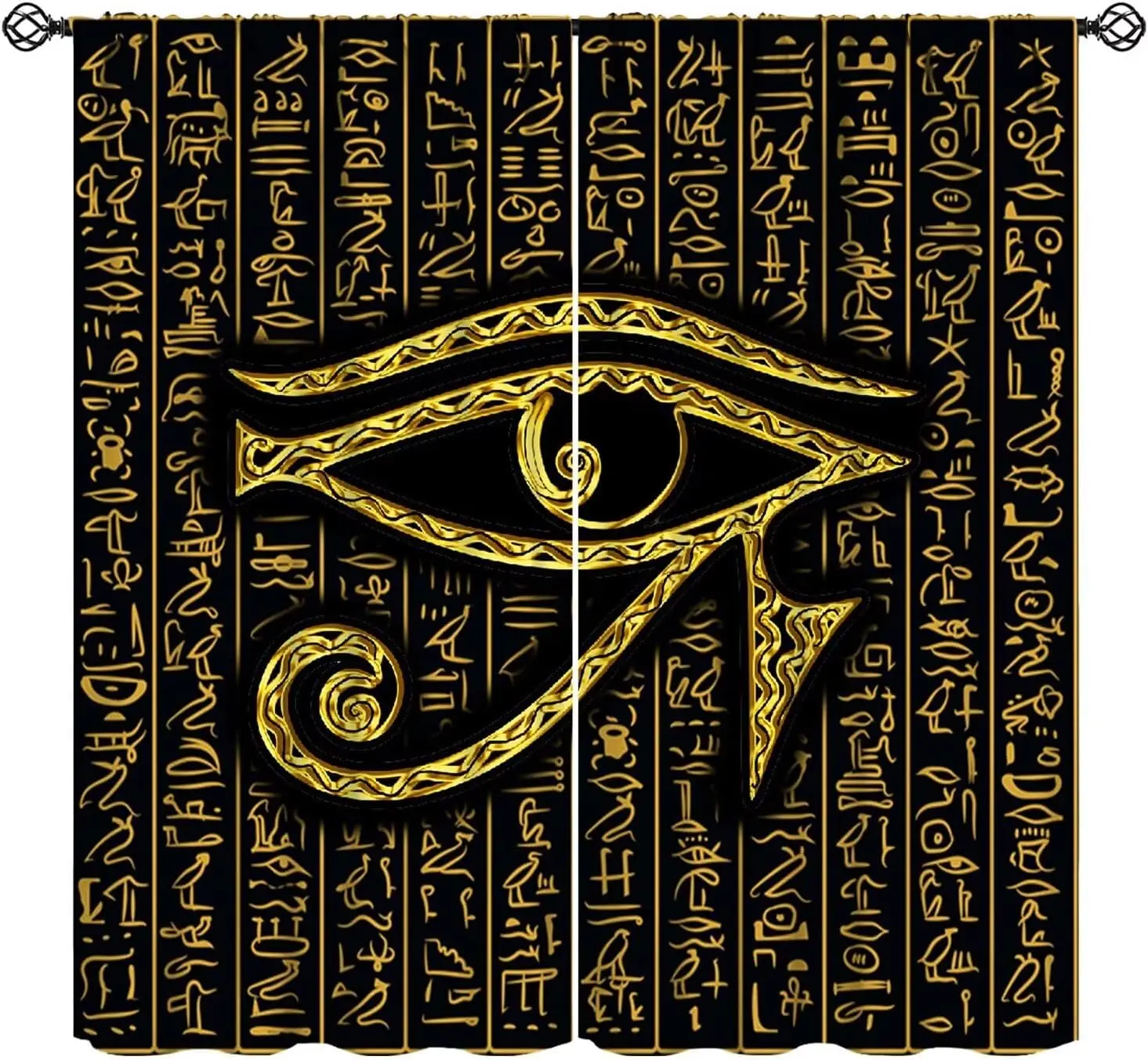 Ancient Egyptian Curtains, Egyptian Eye of Horus Ancient Vintage Golden Egyptian Hieroglyphs Print Window Treatments for Living