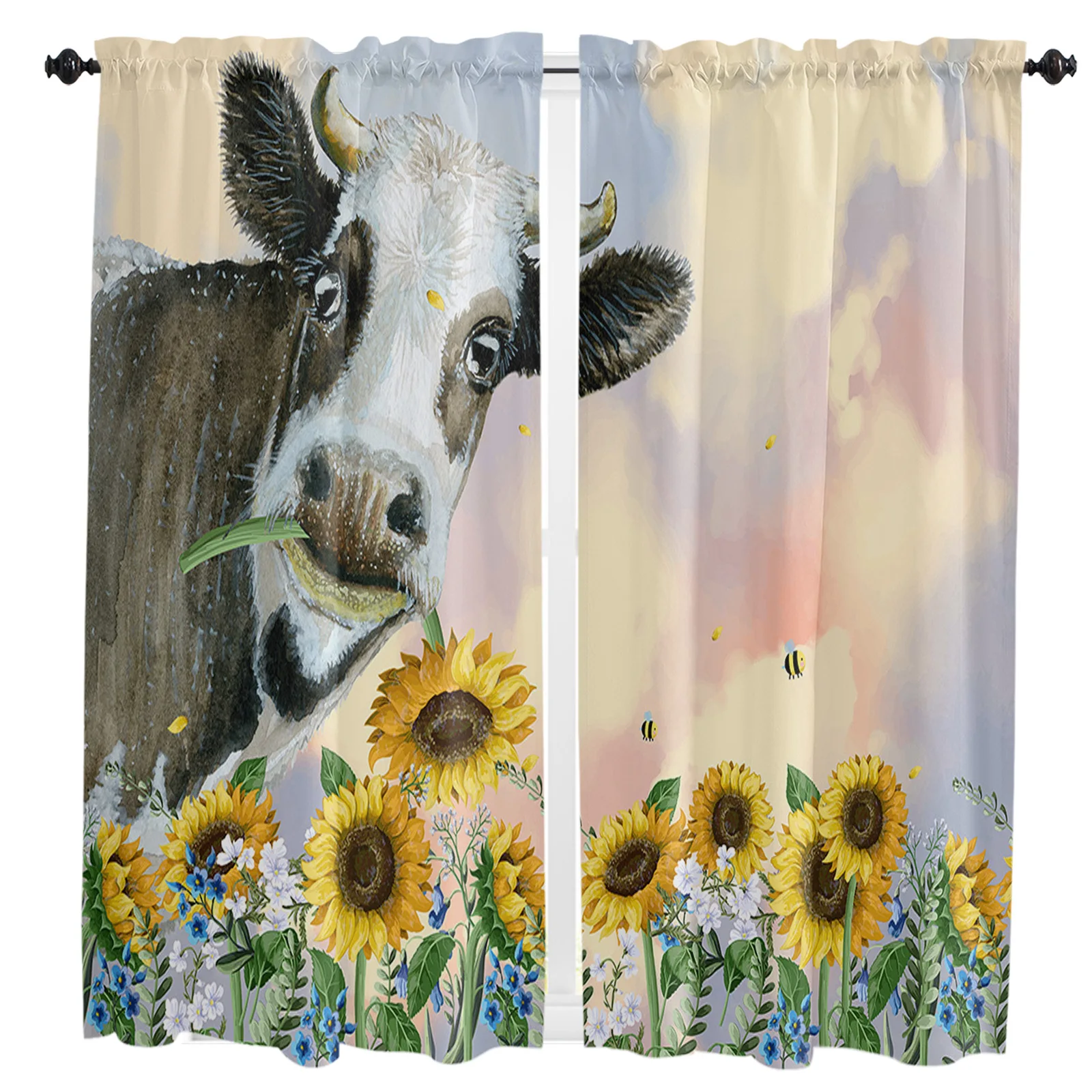 

Country Style Sunflower Cow Curtains For Living Room Kitchen Curtain Bedroom Decorative Window Treatments Home Essentials Drapes