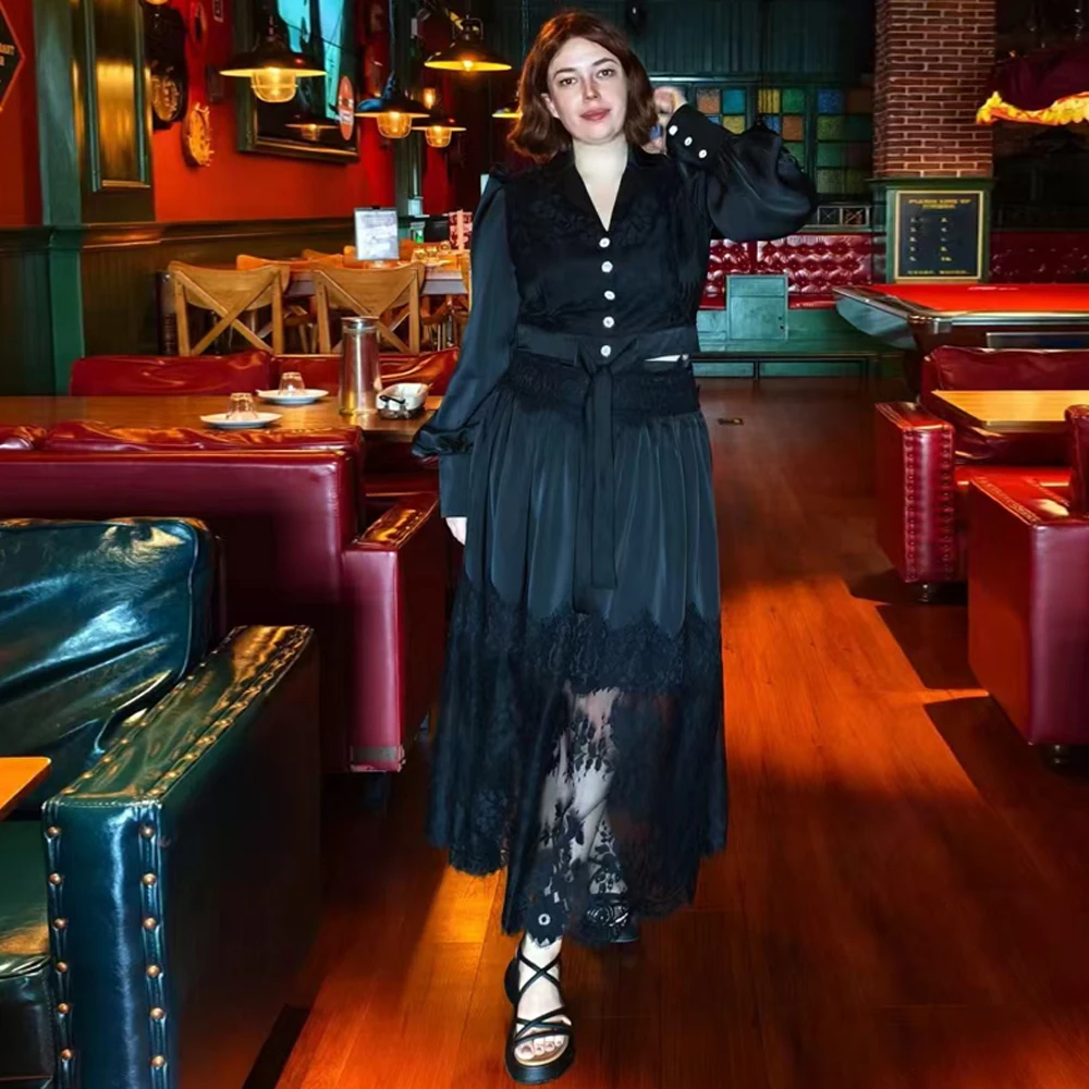 Setelan Rok Midi Pinggang Tinggi Berbahan Lace Larut Air Ele, Dua Potong, Gaya Bisnis Kasual Wanita, Mode Musim Gugur 2024