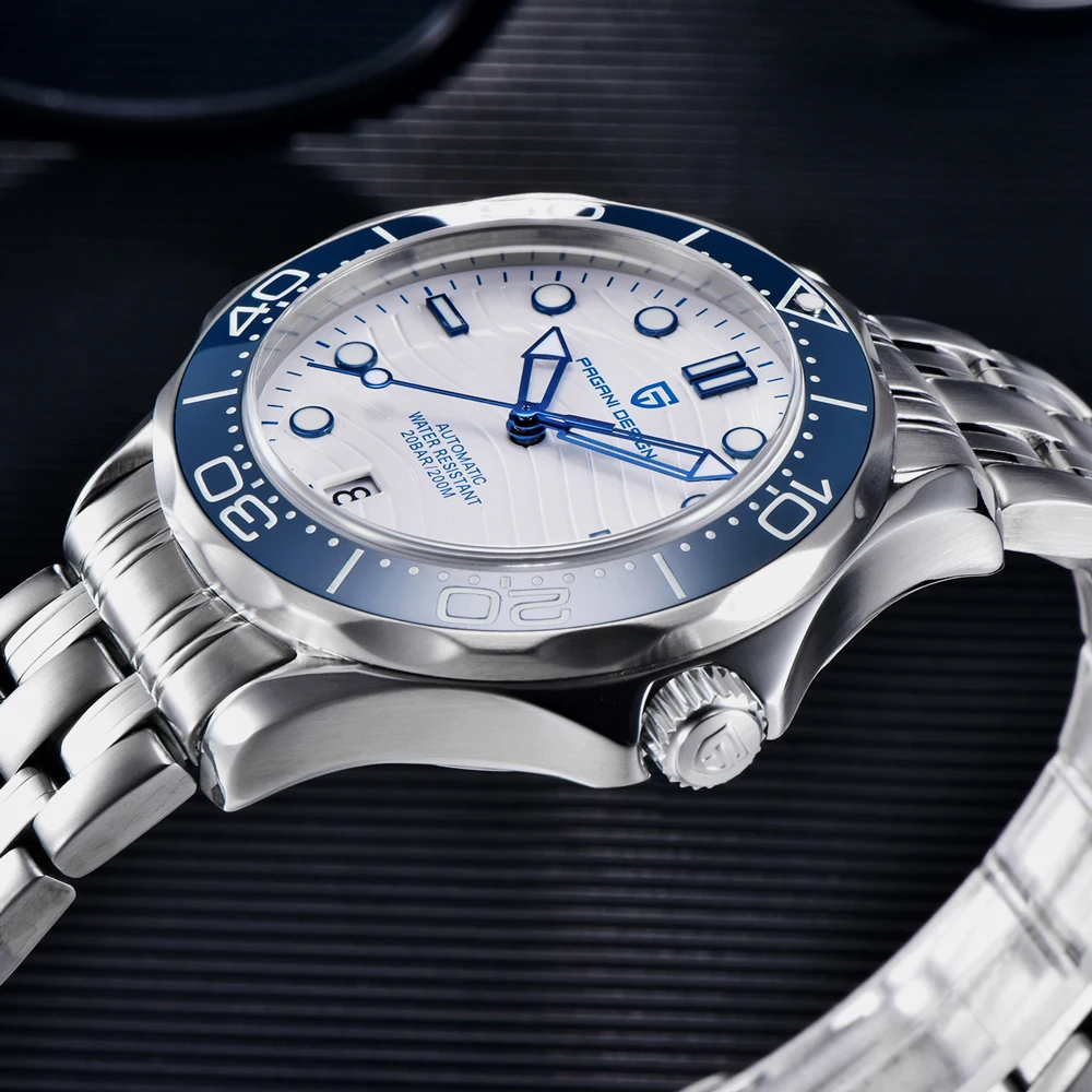 PAGANI DESIGN Orologi Orologio meccanico automatico semplice blu e bianco da uomo AR Vetro zaffiro NH35 Movimento in acciaio inossidabile