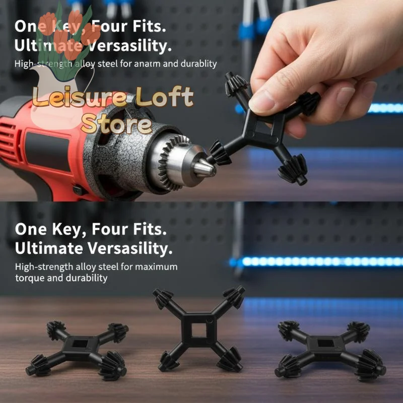 4 Way Universal Hand Drill Key Wrench Corrosion Resistant Flexible Rotation Sturdy Build for Outdoor Repair