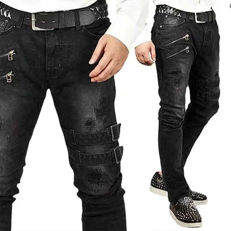 

Men High Waist Fashion Jean Spring Summer Boyfriend Motorcycle Street Wear Skinny Casual Denim Pants Jeans Straight Trousers