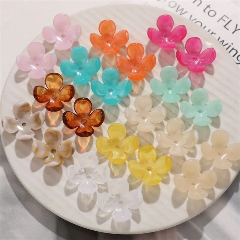 New arrived 100pcs/lot 23mm color print cartoon flowers shape acrylic floral beads diy jewelry garment hair accessory