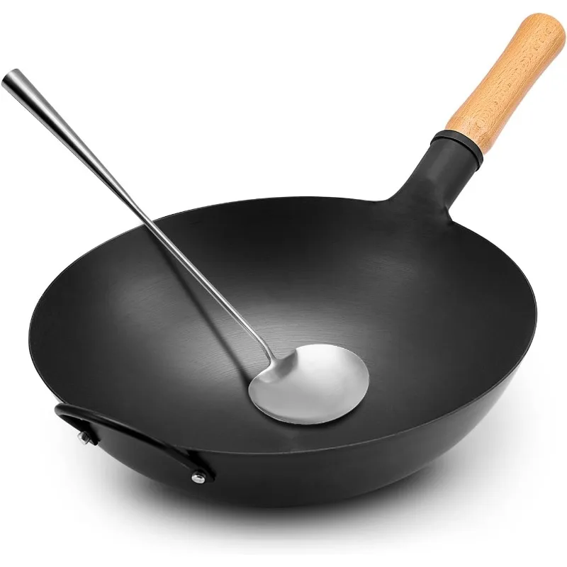 

Iron Wok, 14.17’’ Traditional Round-Bottom Wok, Chef’s Professional Stir-Fry Pan with Wooden Handle