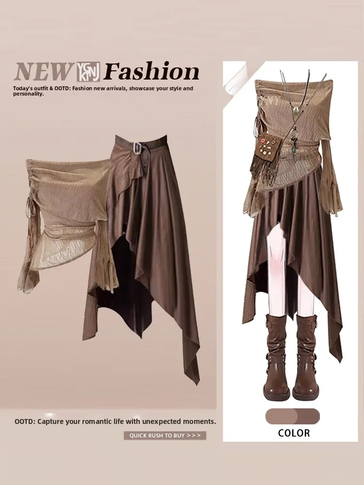 Set Dua Potong Rok Asimetris Pinggang Tinggi Awal Musim Gugur dan Atasan Panjang Satu Bahu untuk Wanita, Pakaian Kasual Modis