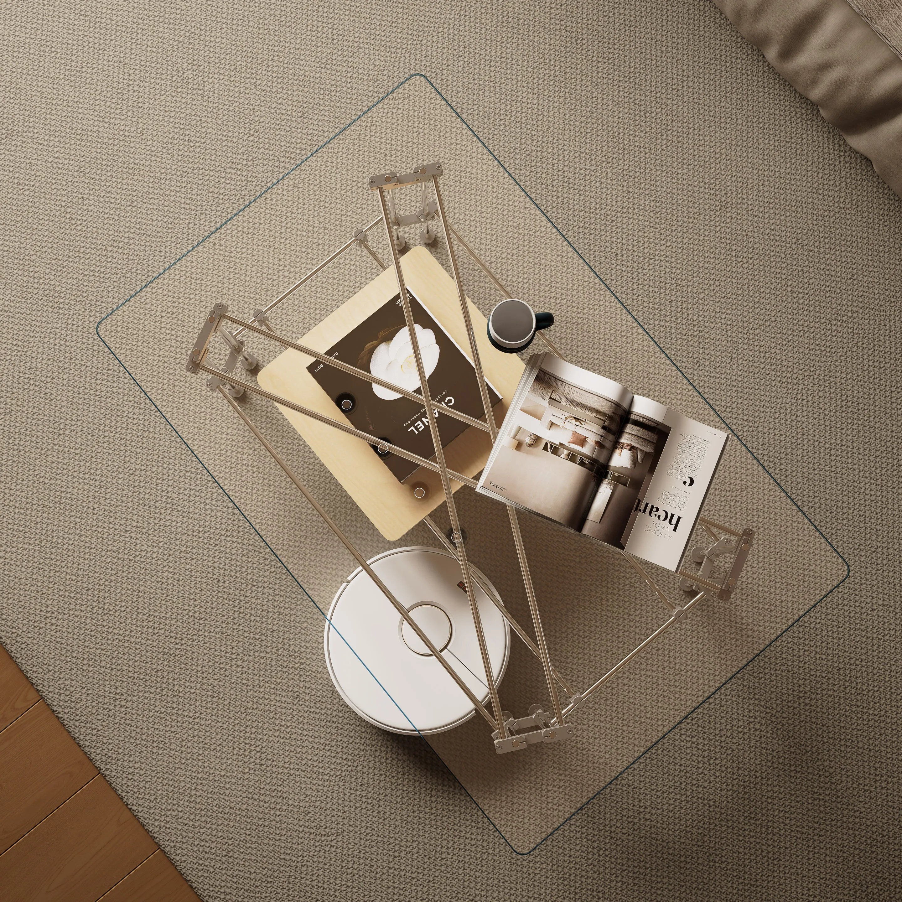 طاولة قهوة مربعة الشكل للتخزين بطبقة مزدوجة، منزلق خشب باوهاوس الأصلي، زجاج معدني من الفولاذ المقاوم للصدأ، بسيط للغاية