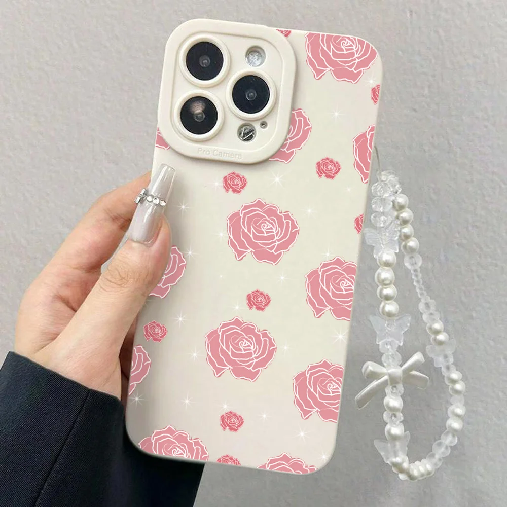 Pink Rose INS Wrist Strap Phone Case For iPhone 17 16 15 14 13 12 11 Pro Max X XS XR 7 8 16E 17E Plus Protector Lanyard Cover view 3